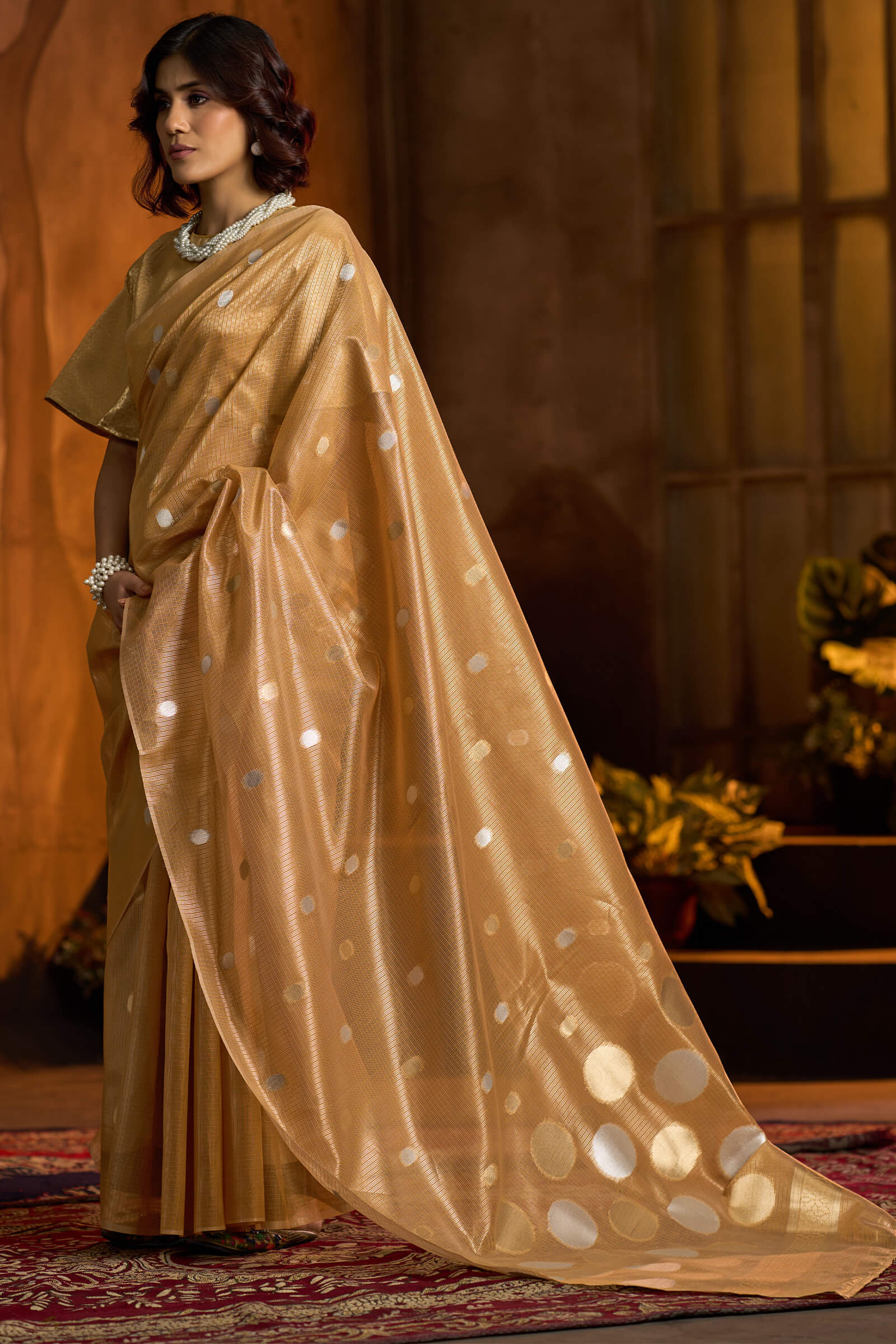 Intricate Golden Soft Banarasi Tissue Silk Saree With Exceptional Blouse Piece