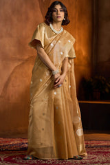 Intricate Golden Soft Banarasi Tissue Silk Saree With Exceptional Blouse Piece