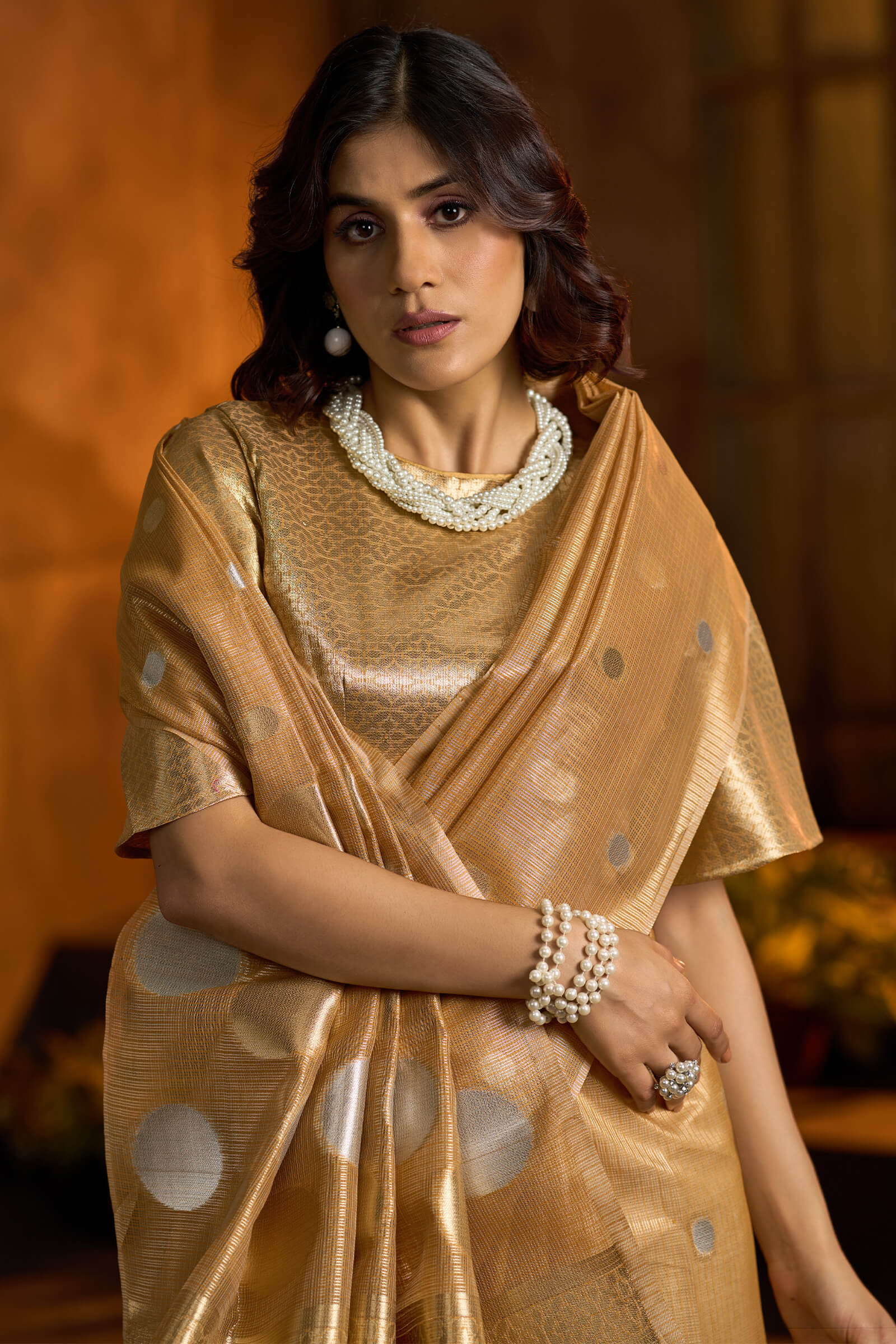 Intricate Golden Soft Banarasi Tissue Silk Saree With Exceptional Blouse Piece
