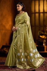 Chatoyant Green Soft Banarasi Tissue Silk Saree With Winsome Blouse Piece