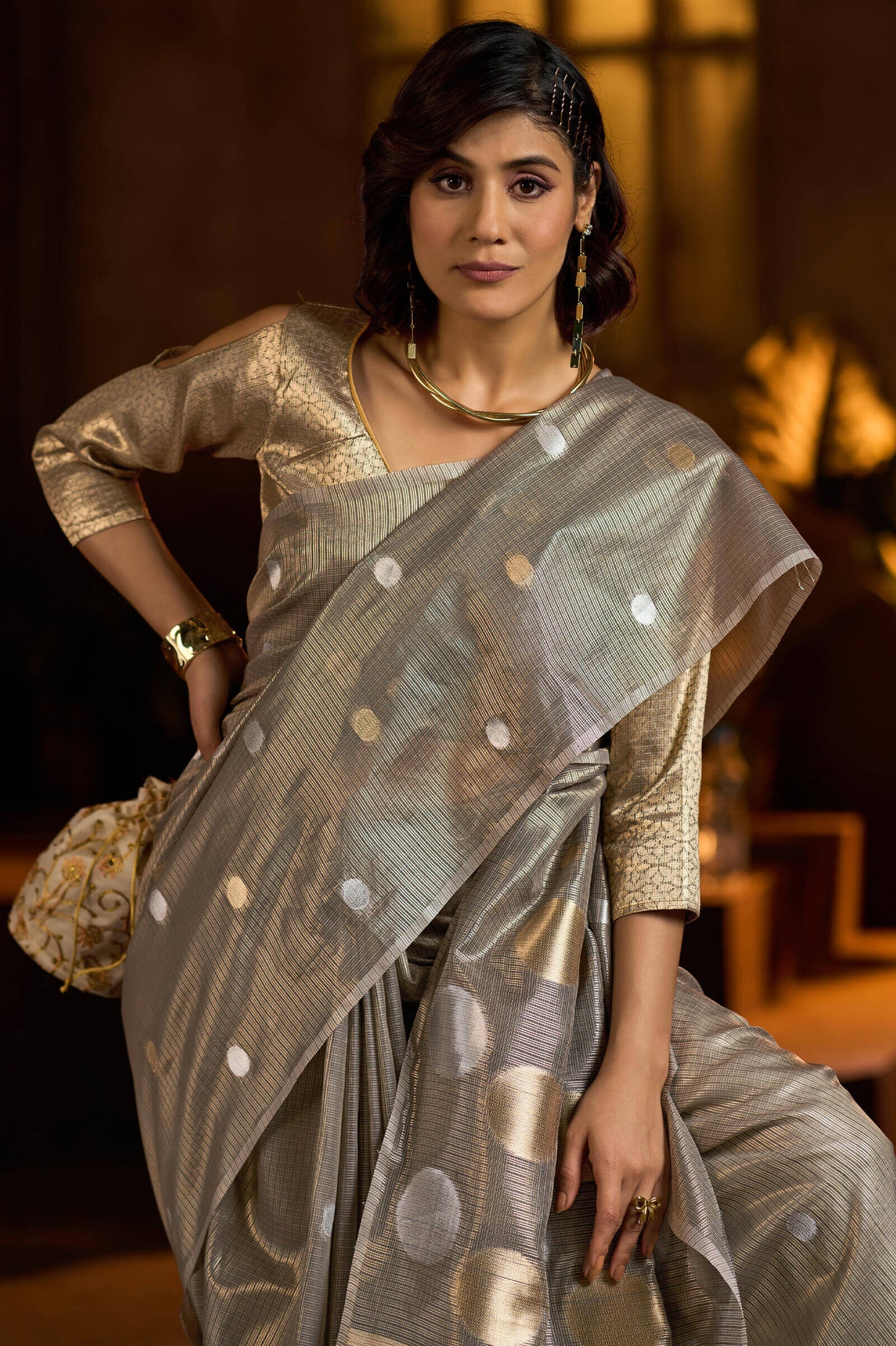 Profuse Grey Soft Banarasi Tissue Silk Saree With Radiant Blouse Piece