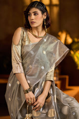 Profuse Grey Soft Banarasi Tissue Silk Saree With Radiant Blouse Piece