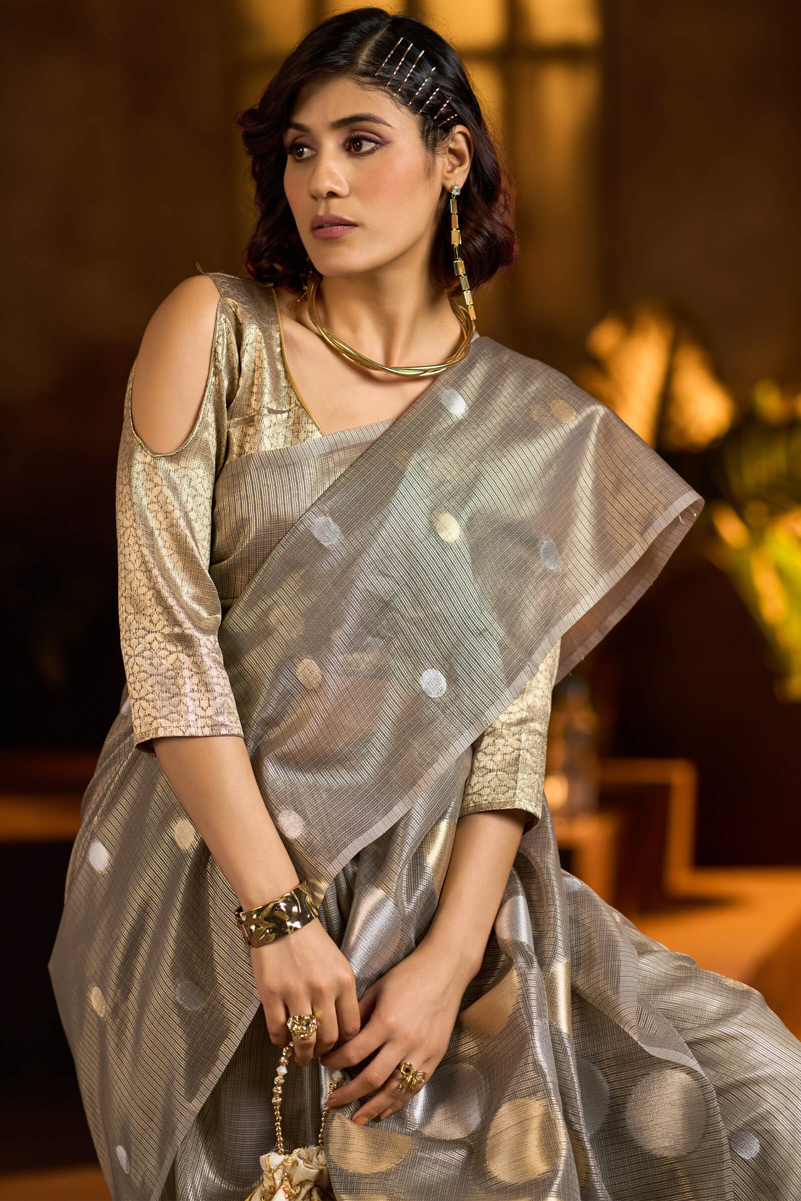 Profuse Grey Soft Banarasi Tissue Silk Saree With Radiant Blouse Piece