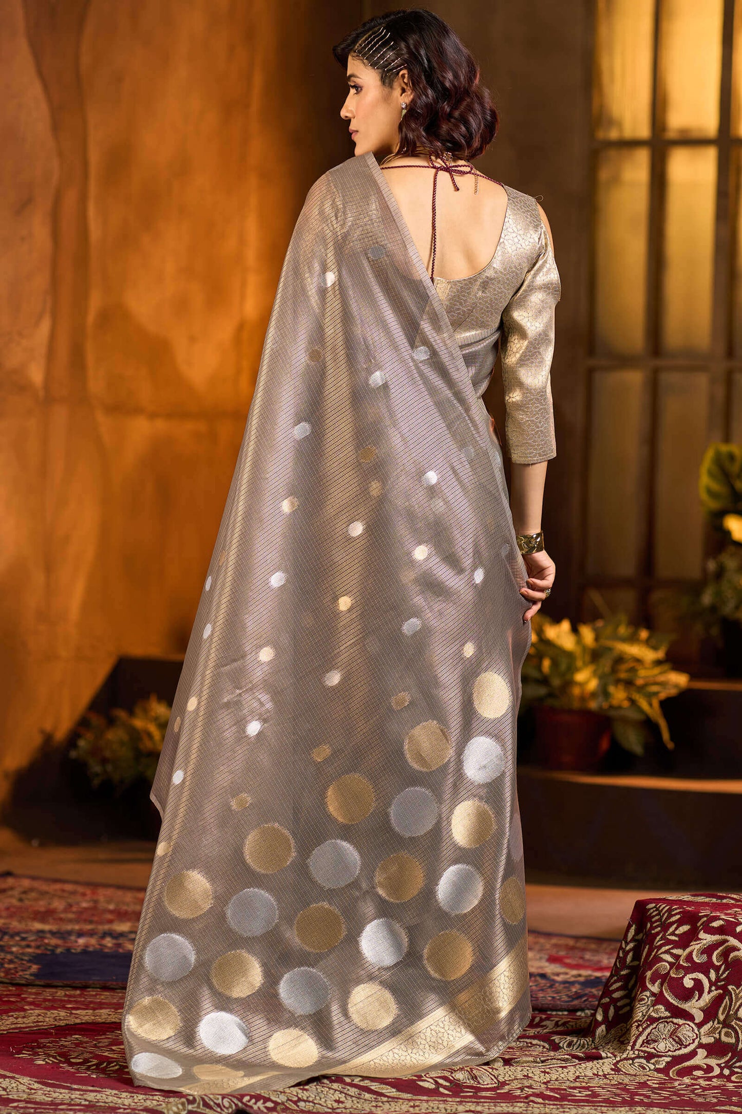 Profuse Grey Soft Banarasi Tissue Silk Saree With Radiant Blouse Piece