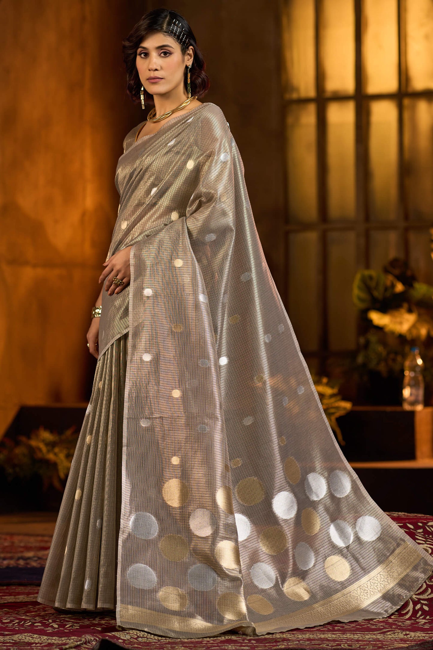 Profuse Grey Soft Banarasi Tissue Silk Saree With Radiant Blouse Piece
