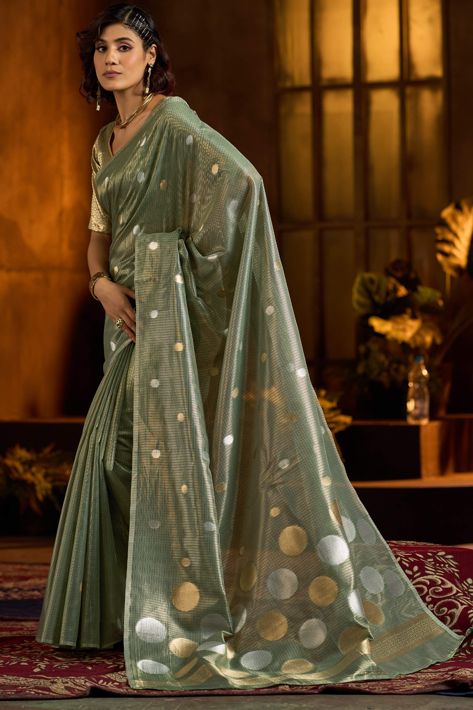 Murmurous Sea Green Soft Banarasi Tissue Silk Saree With Enticing Blouse Piece