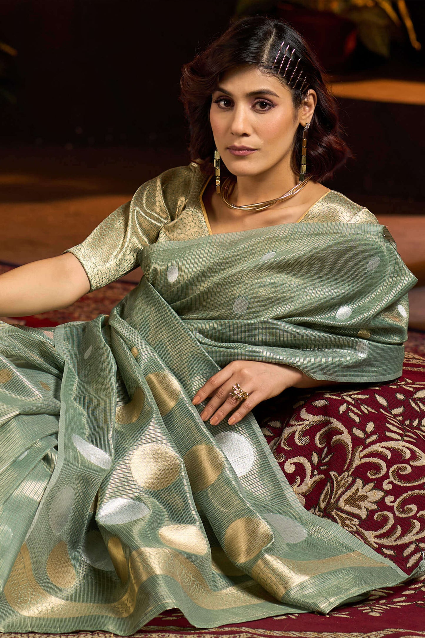 Murmurous Sea Green Soft Banarasi Tissue Silk Saree With Enticing Blouse Piece