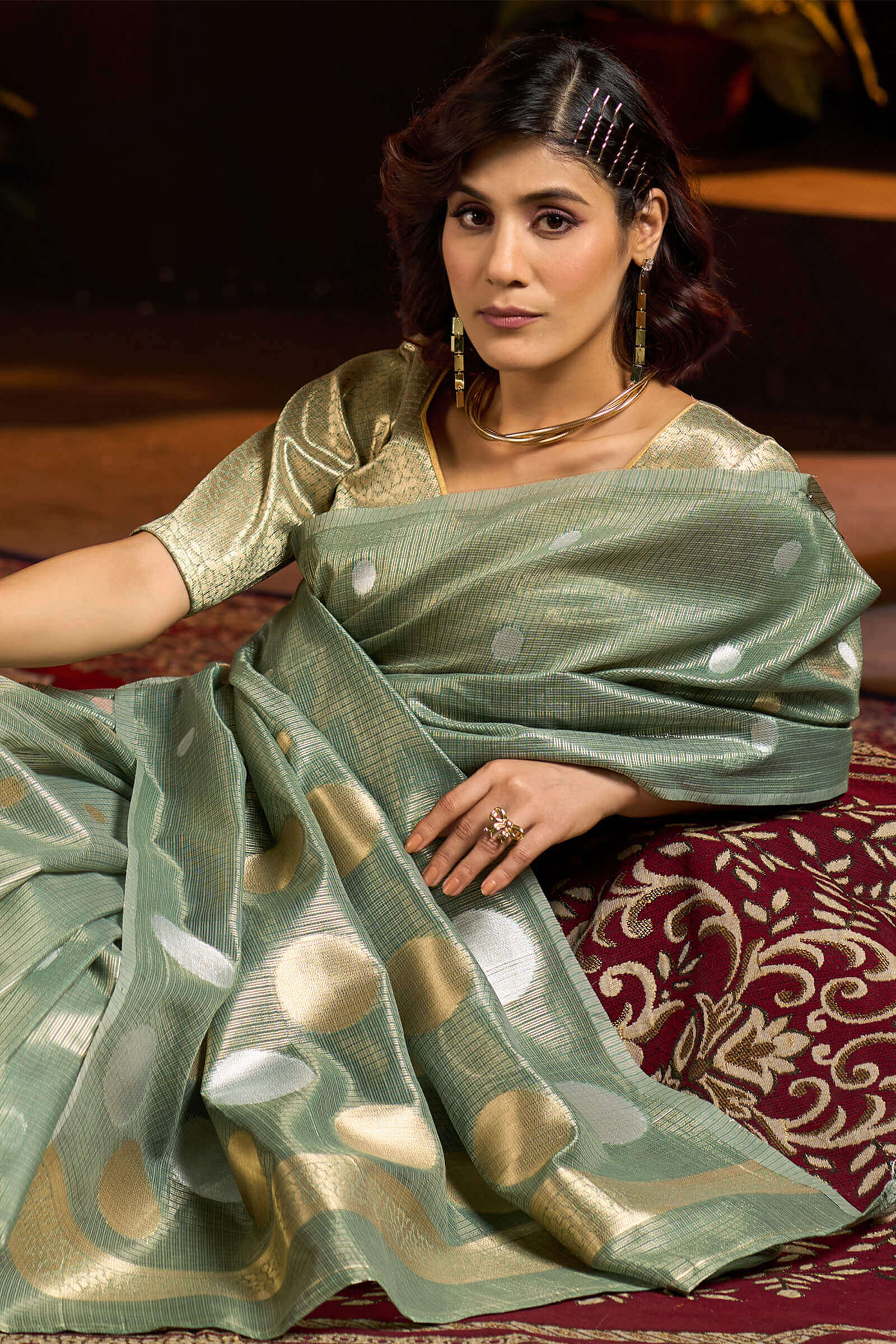 Murmurous Sea Green Soft Banarasi Tissue Silk Saree With Enticing Blouse Piece