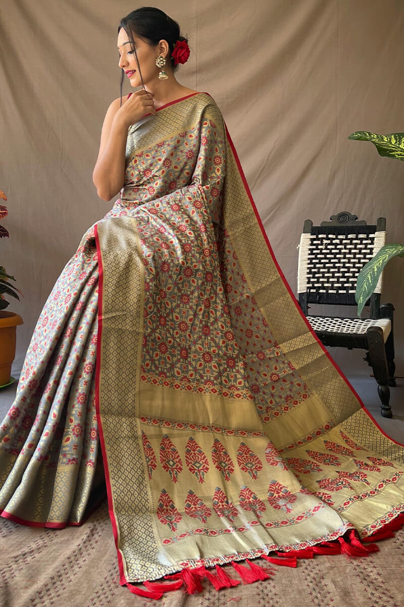 Demure Grey Patola Silk Saree with Panoply Blouse Piece