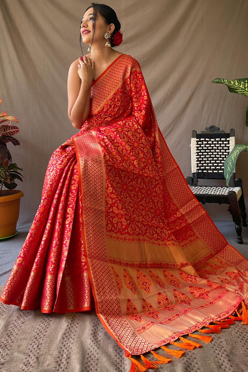 Gossamer Red Patola Silk Saree with Magnificat Blouse Piece