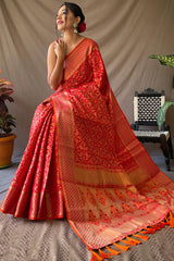 Gossamer Red Patola Silk Saree with Magnificat Blouse Piece