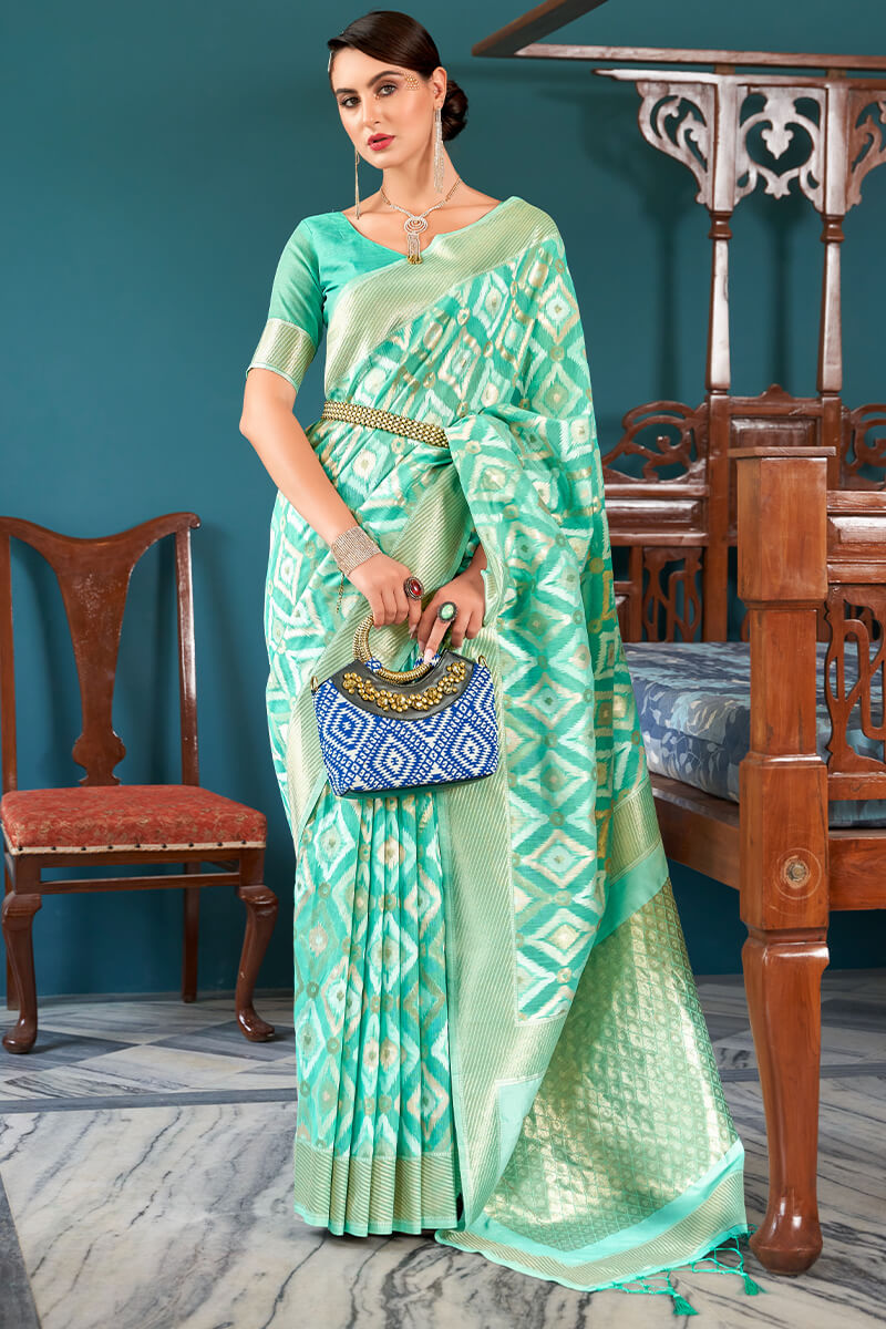Glorious Turquoise Cotton Silk Saree With Sophisticated Blouse Piece