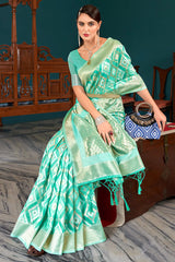 Glorious Turquoise Cotton Silk Saree With Sophisticated Blouse Piece