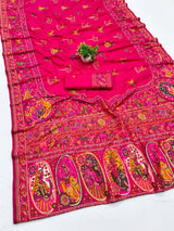 Snazzy Dark Pink Nylon Dola Pashmina Saree With Energetic Blouse Piece
