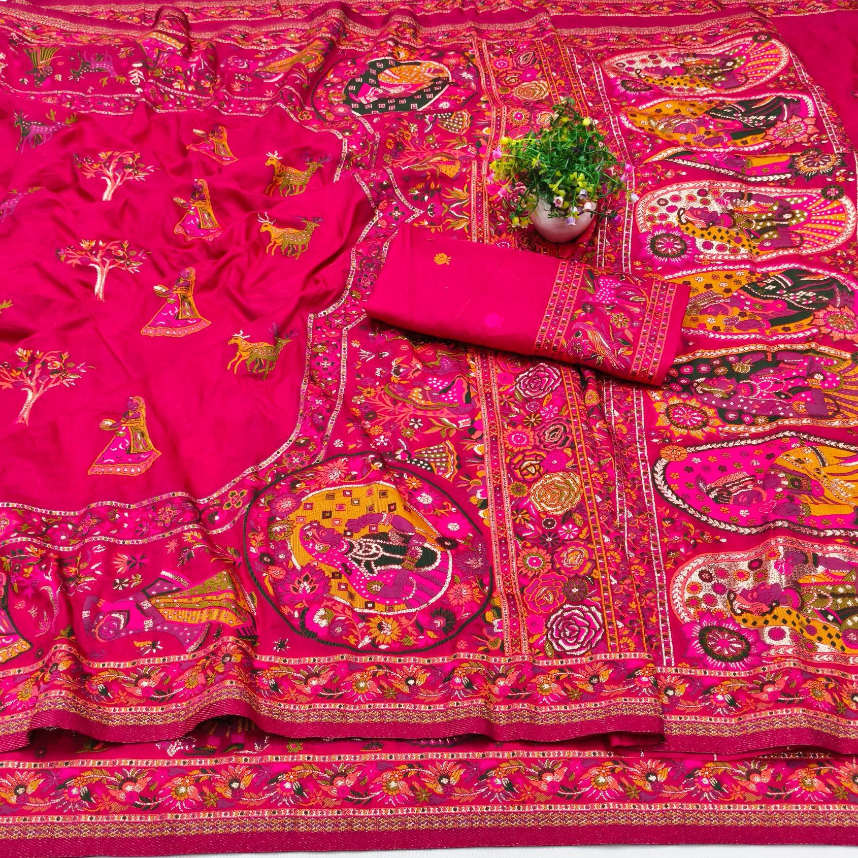 Snazzy Dark Pink Nylon Dola Pashmina Saree With Energetic Blouse Piece