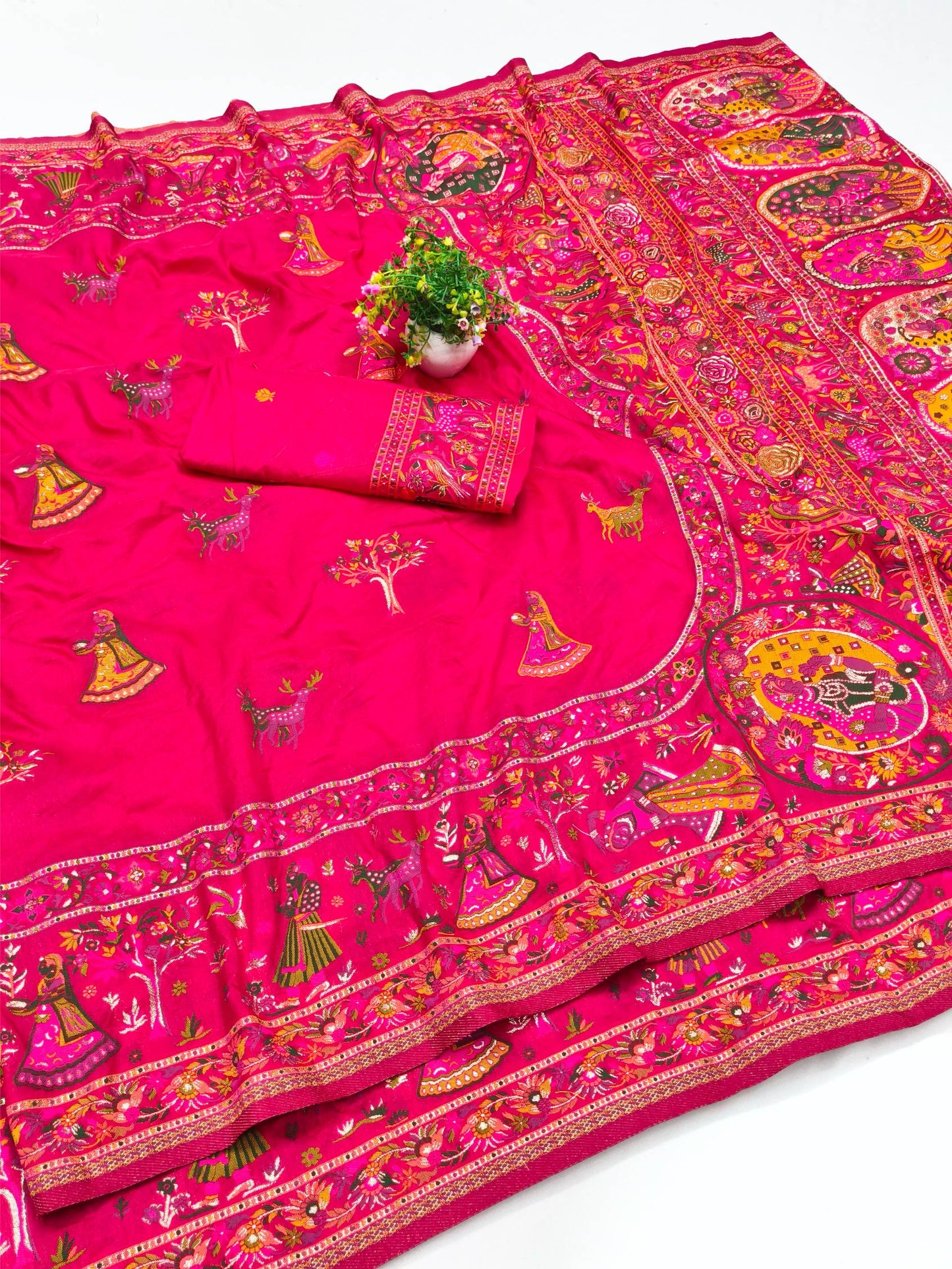 Snazzy Dark Pink Nylon Dola Pashmina Saree With Energetic Blouse Piece