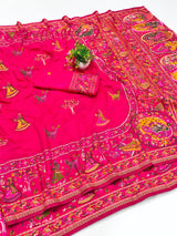 Snazzy Dark Pink Nylon Dola Pashmina Saree With Energetic Blouse Piece