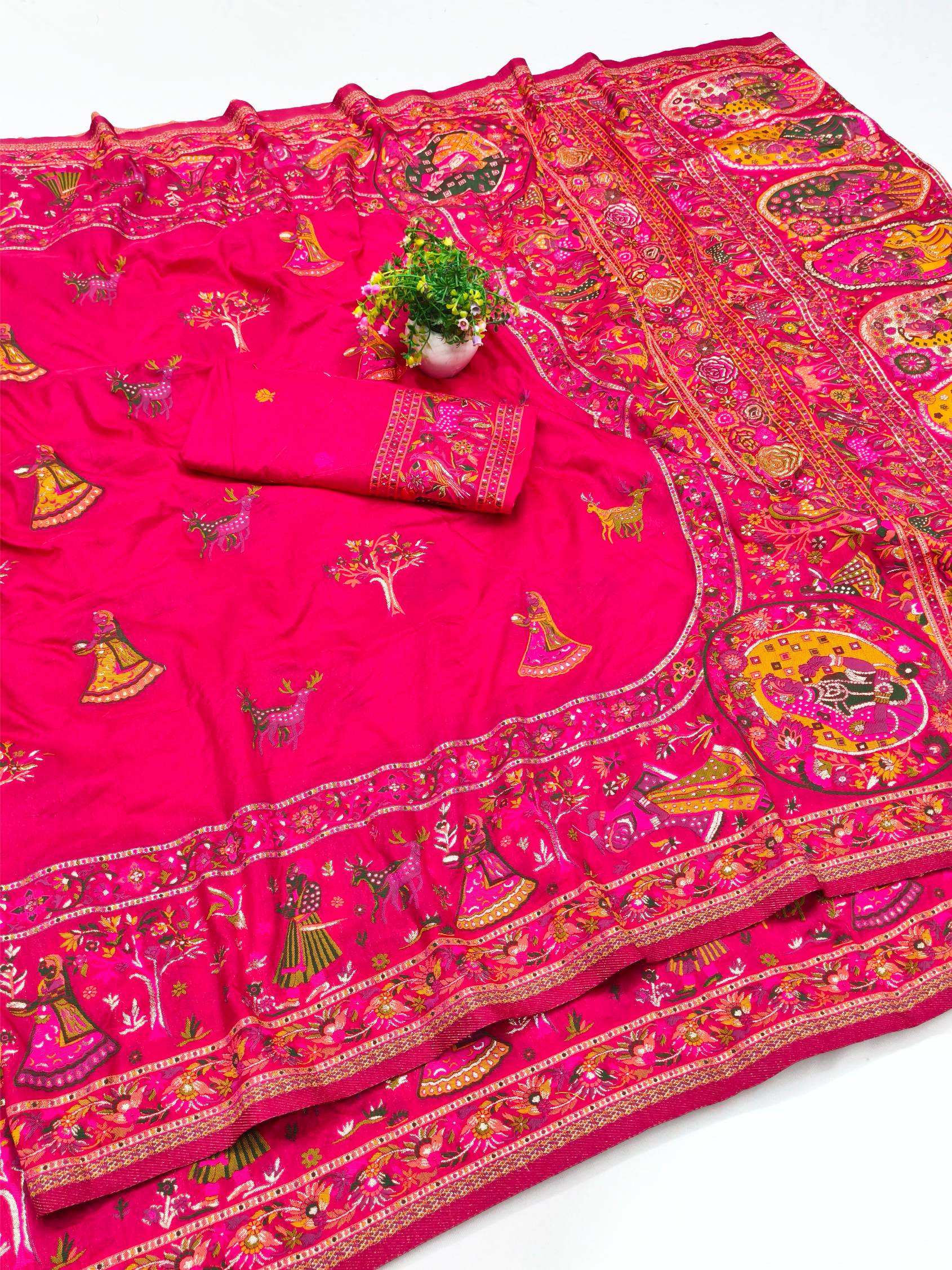Snazzy Dark Pink Nylon Dola Pashmina Saree With Energetic Blouse Piece
