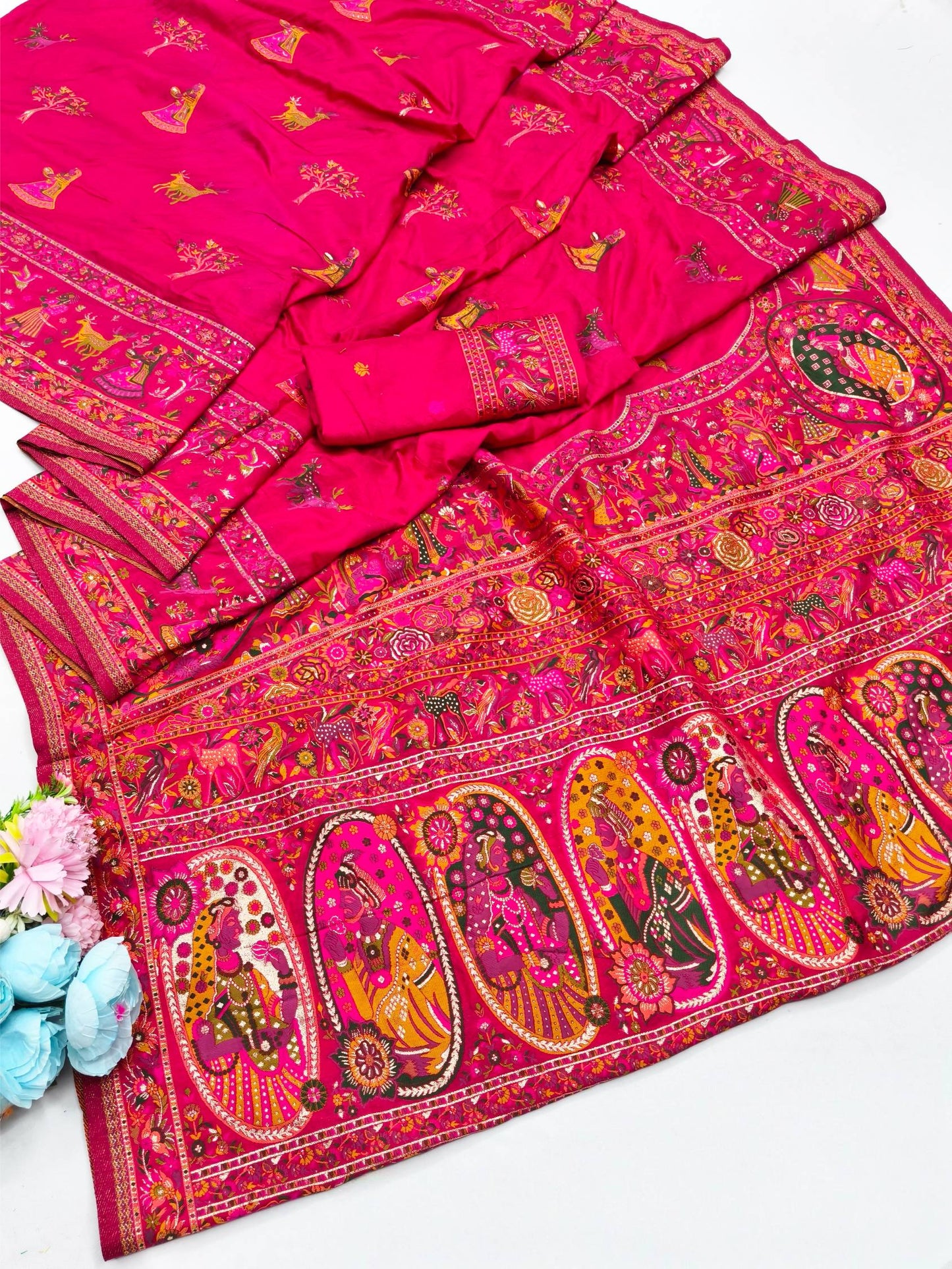 Snazzy Dark Pink Nylon Dola Pashmina Saree With Energetic Blouse Piece