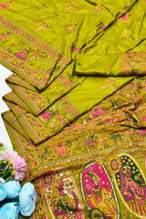 Proficient Mehndi Nylon Dola Pashmina Saree With Rhapsody Blouse Piece