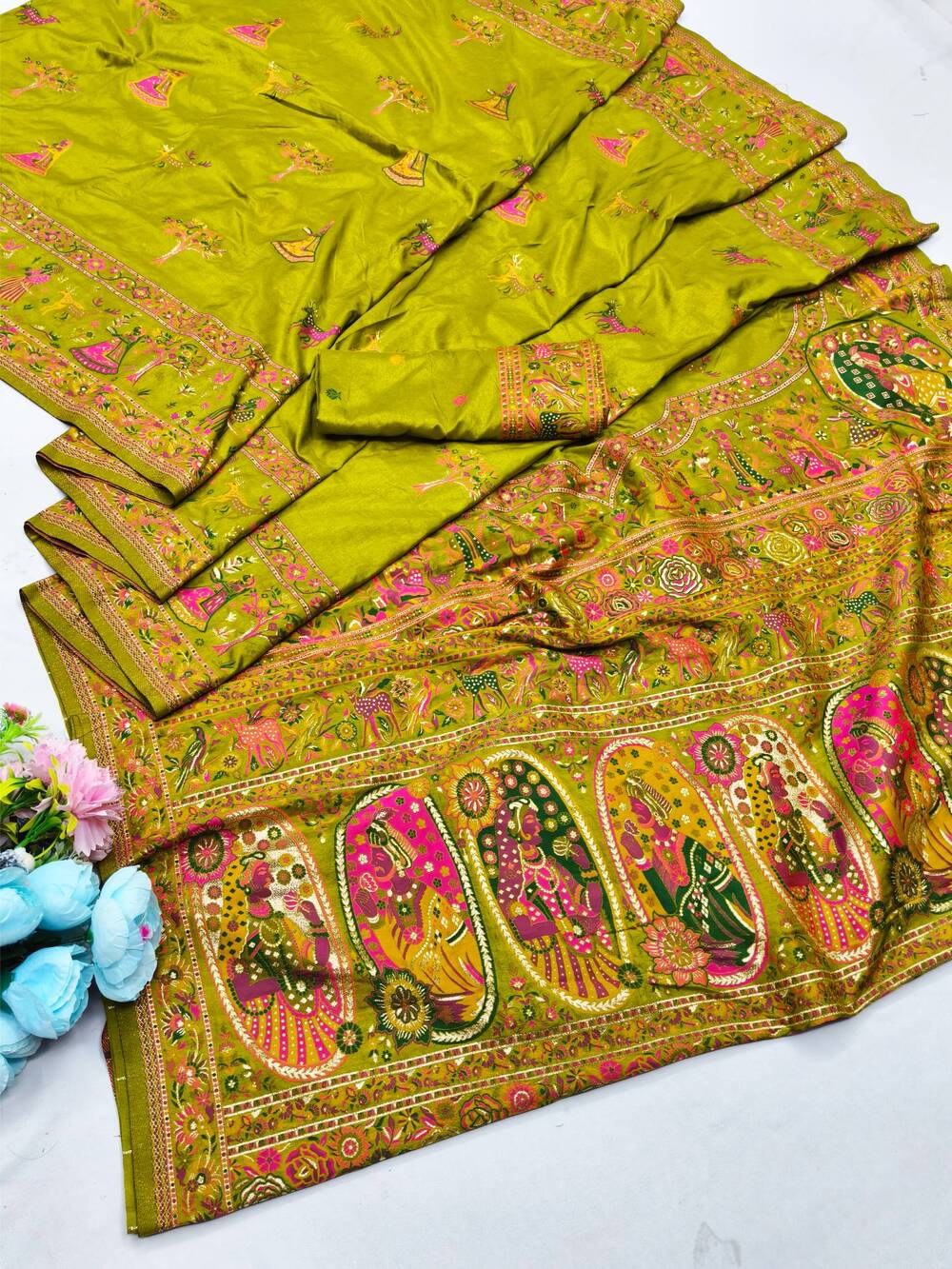 Proficient Mehndi Nylon Dola Pashmina Saree With Rhapsody Blouse Piece