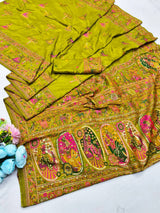 Proficient Mehndi Nylon Dola Pashmina Saree With Rhapsody Blouse Piece