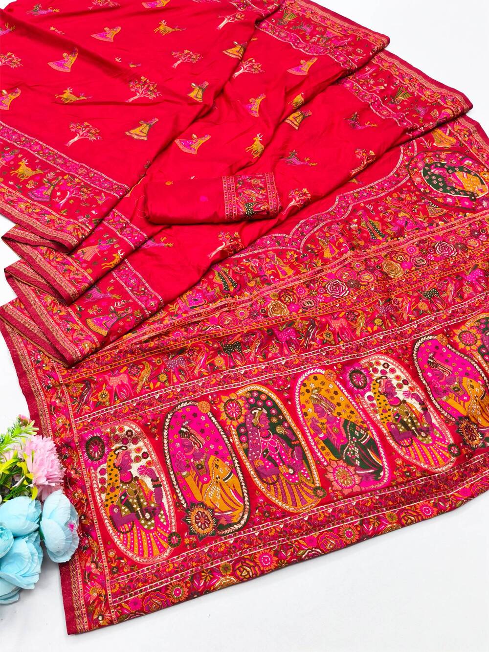Gratifying Red Nylon Dola Pashmina Saree With Dalliance Blouse Piece