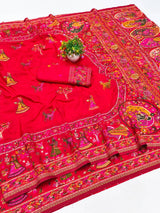 Gratifying Red Nylon Dola Pashmina Saree With Dalliance Blouse Piece