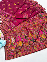 Smashing Wine Nylon Dola Pashmina Saree With Embellished Blouse Piece