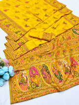 Artistic Yellow Nylon Dola Pashmina Saree With Lagniappe Blouse Piece