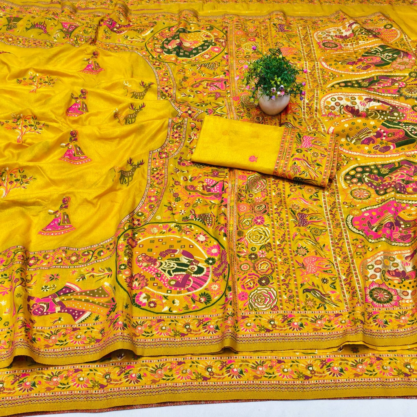 Artistic Yellow Nylon Dola Pashmina Saree With Lagniappe Blouse Piece