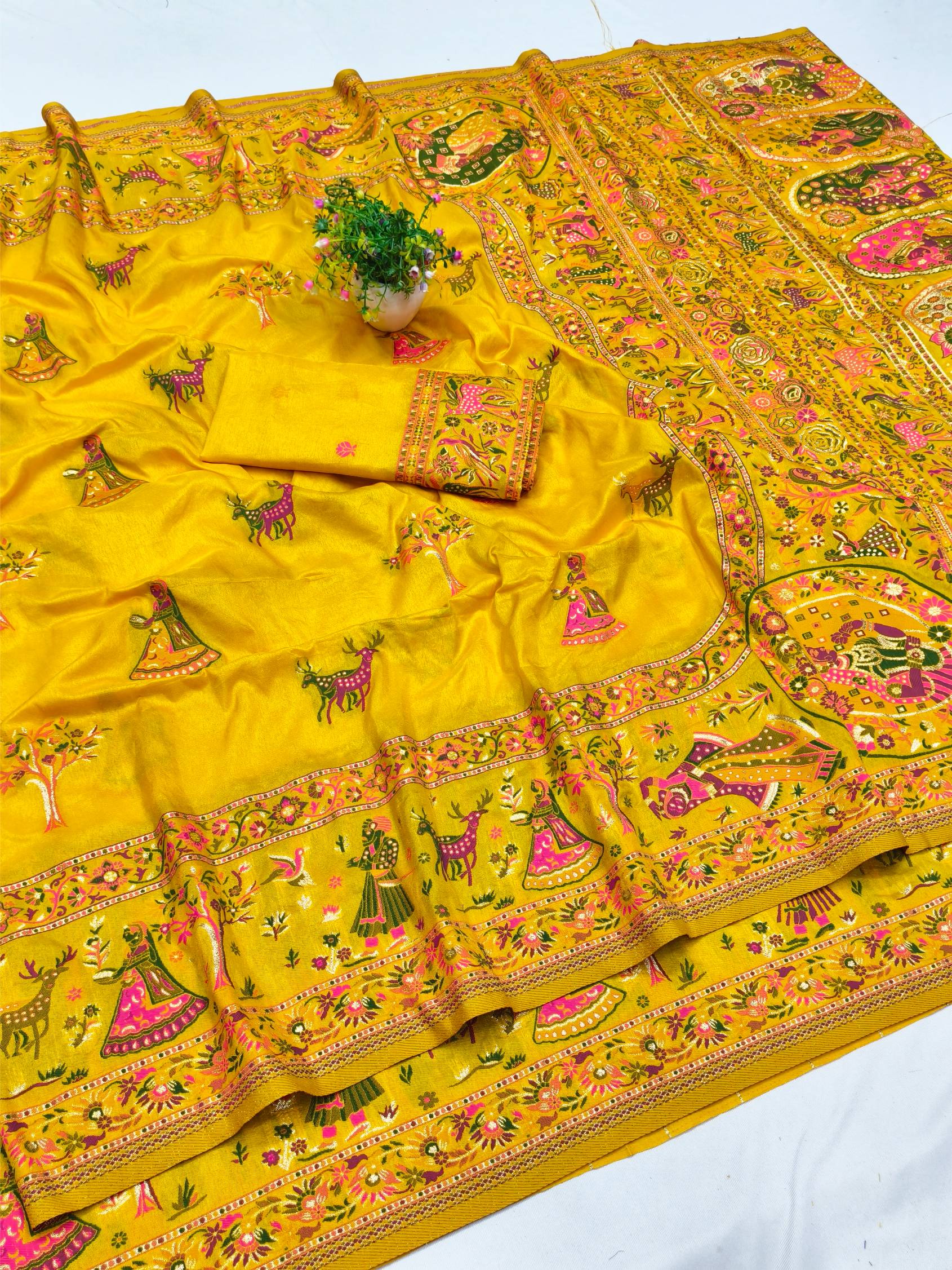 Artistic Yellow Nylon Dola Pashmina Saree With Lagniappe Blouse Piece