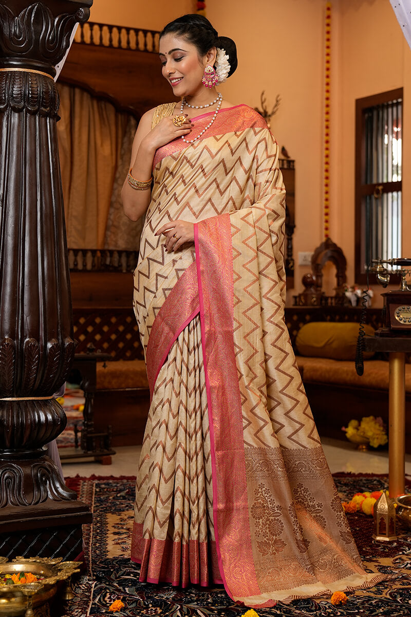 Most Flattering Beige Soft Banarasi Silk Saree With Super Blouse Piece