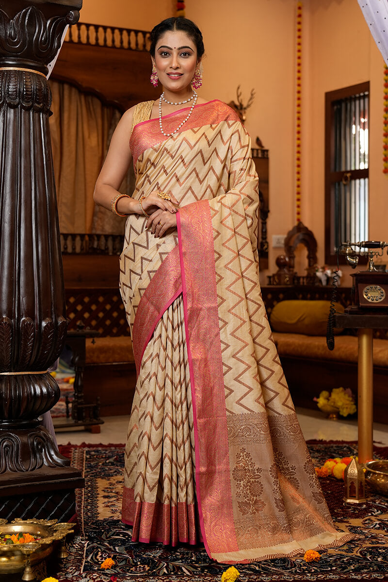 Most Flattering Beige Soft Banarasi Silk Saree With Super Blouse Piece