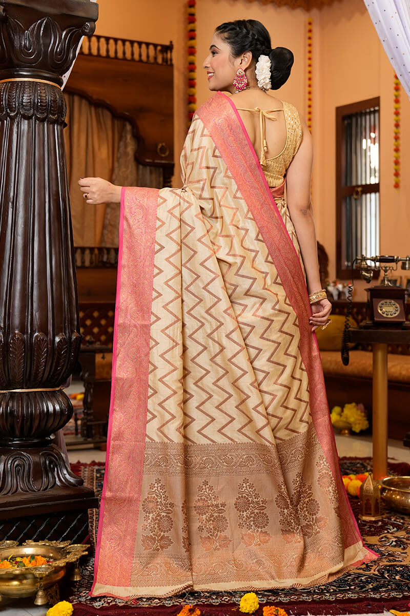Most Flattering Beige Soft Banarasi Silk Saree With Super Blouse Piece