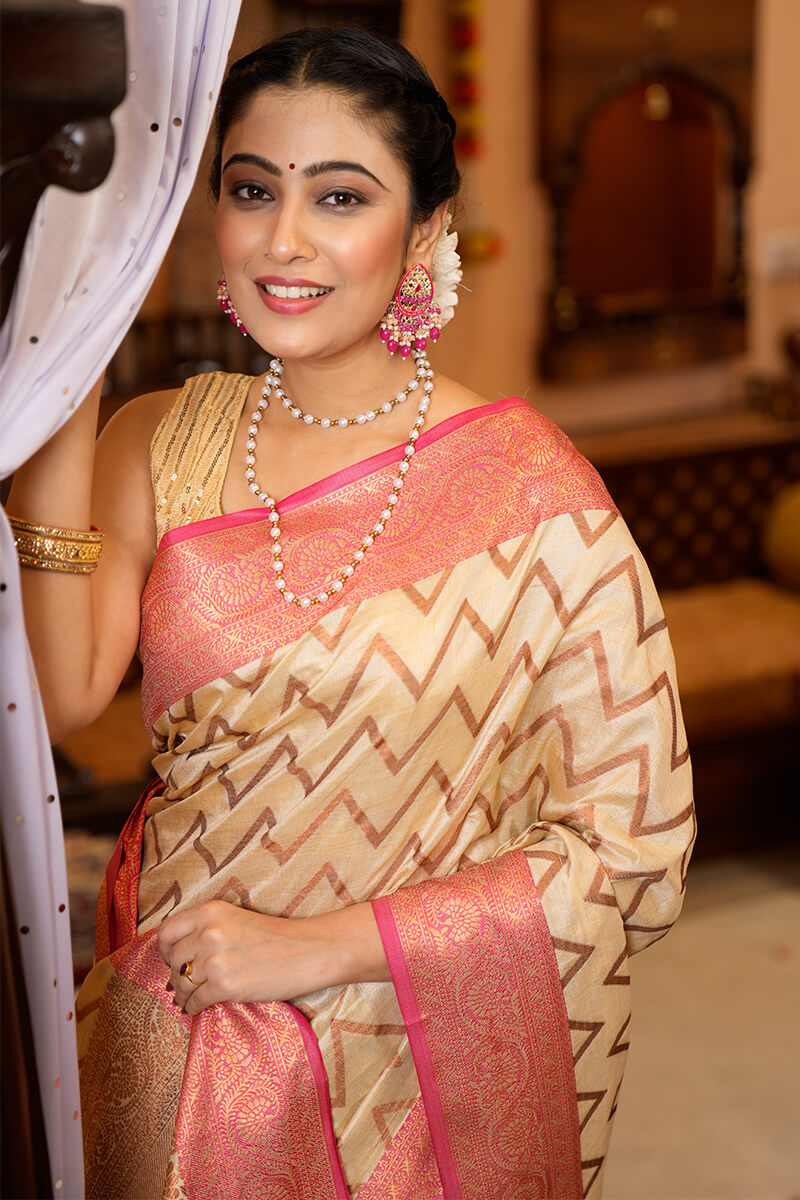 Most Flattering Beige Soft Banarasi Silk Saree With Super Blouse Piece