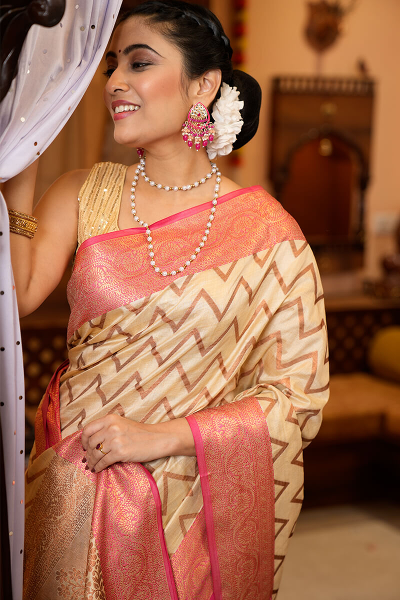 Most Flattering Beige Soft Banarasi Silk Saree With Super Blouse Piece