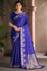 Desuetude Royal Blue Pure Zari Weaving Banarasi Silk Saree With Sumptuous Blouse Piece