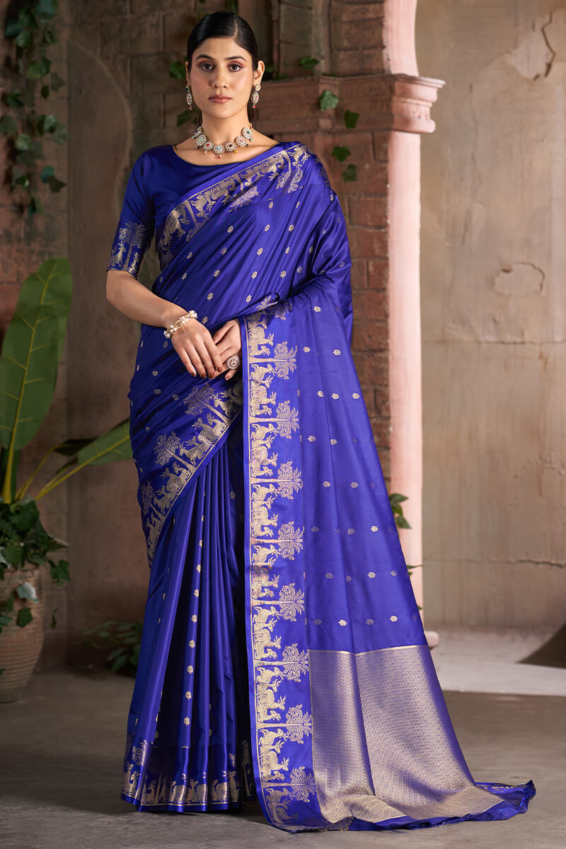 Desuetude Royal Blue Pure Zari Weaving Banarasi Silk Saree With Sumptuous Blouse Piece