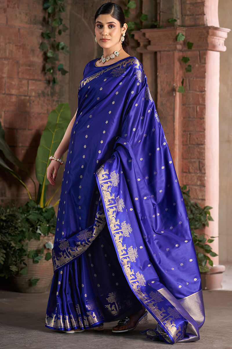 Desuetude Royal Blue Pure Zari Weaving Banarasi Silk Saree With Sumptuous Blouse Piece