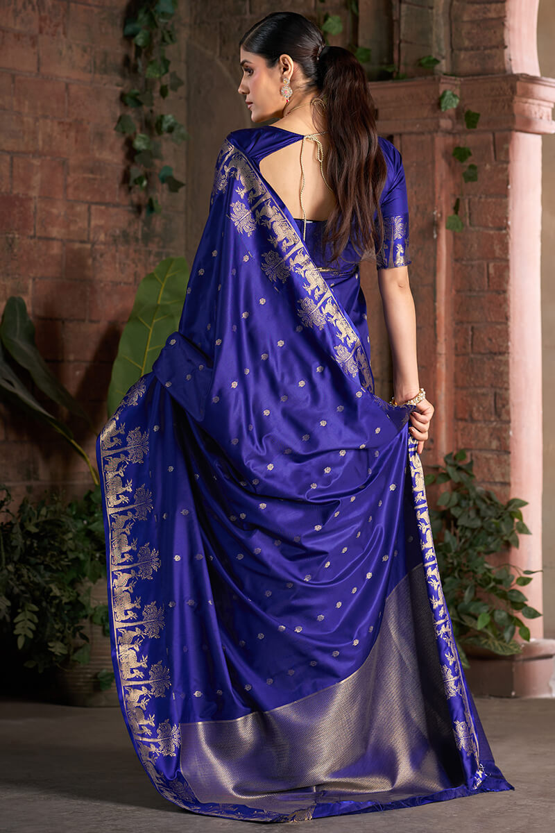 Desuetude Royal Blue Pure Zari Weaving Banarasi Silk Saree With Sumptuous Blouse Piece