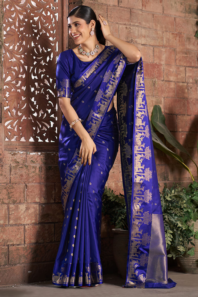 Desuetude Royal Blue Pure Zari Weaving Banarasi Silk Saree With Sumptuous Blouse Piece