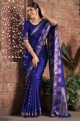 Desuetude Royal Blue Pure Zari Weaving Banarasi Silk Saree With Sumptuous Blouse Piece