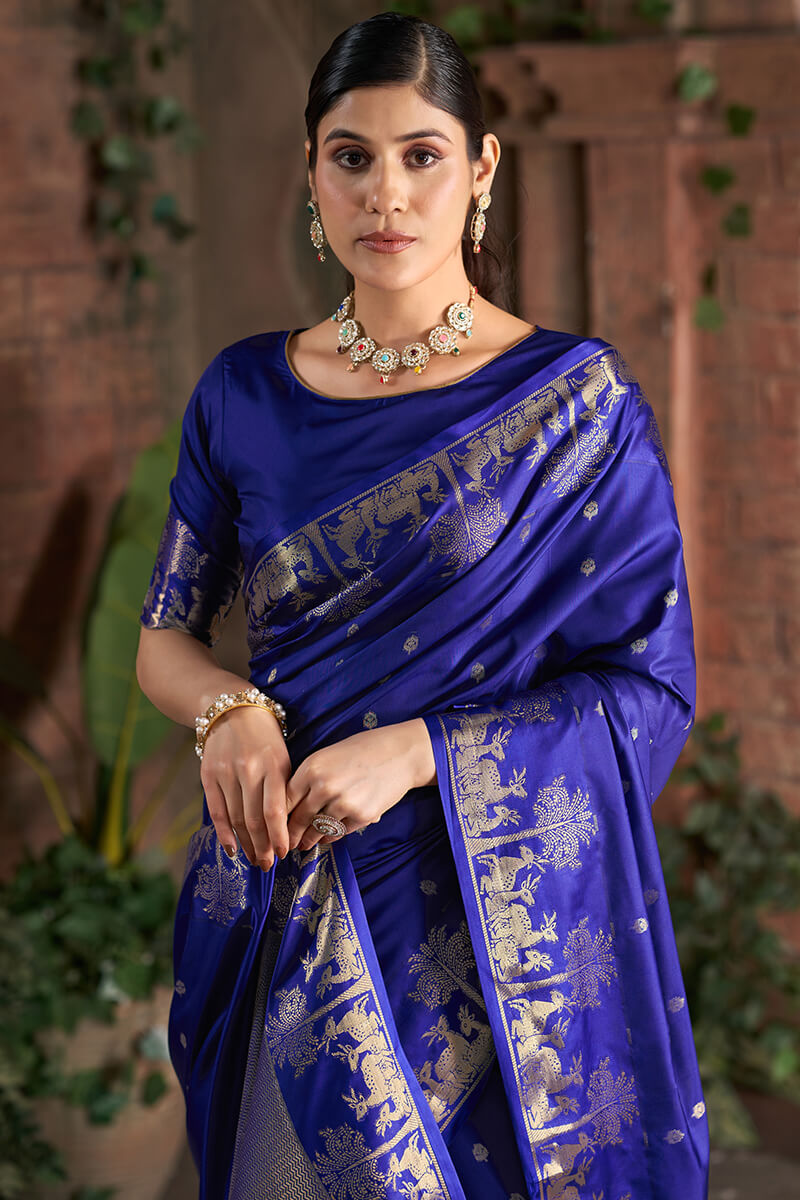 Desuetude Royal Blue Pure Zari Weaving Banarasi Silk Saree With Sumptuous Blouse Piece