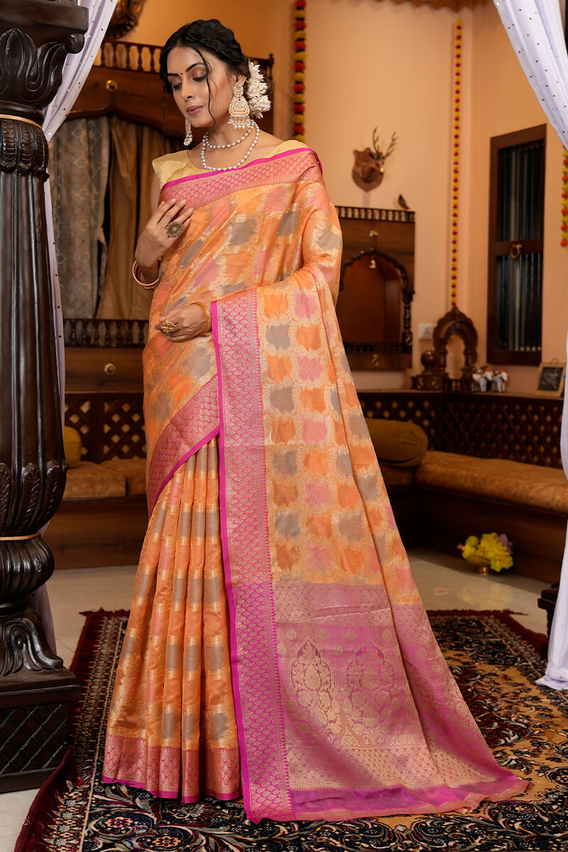 Radiant Orange Organza Silk Saree With Groovy Blouse Piece