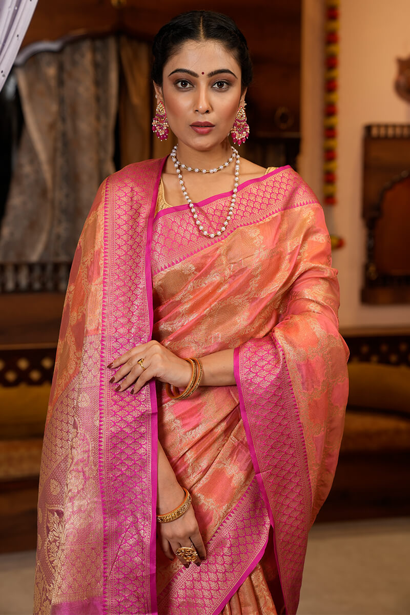 Exceptional Pink Organza Silk Saree With Prominent Blouse Piece