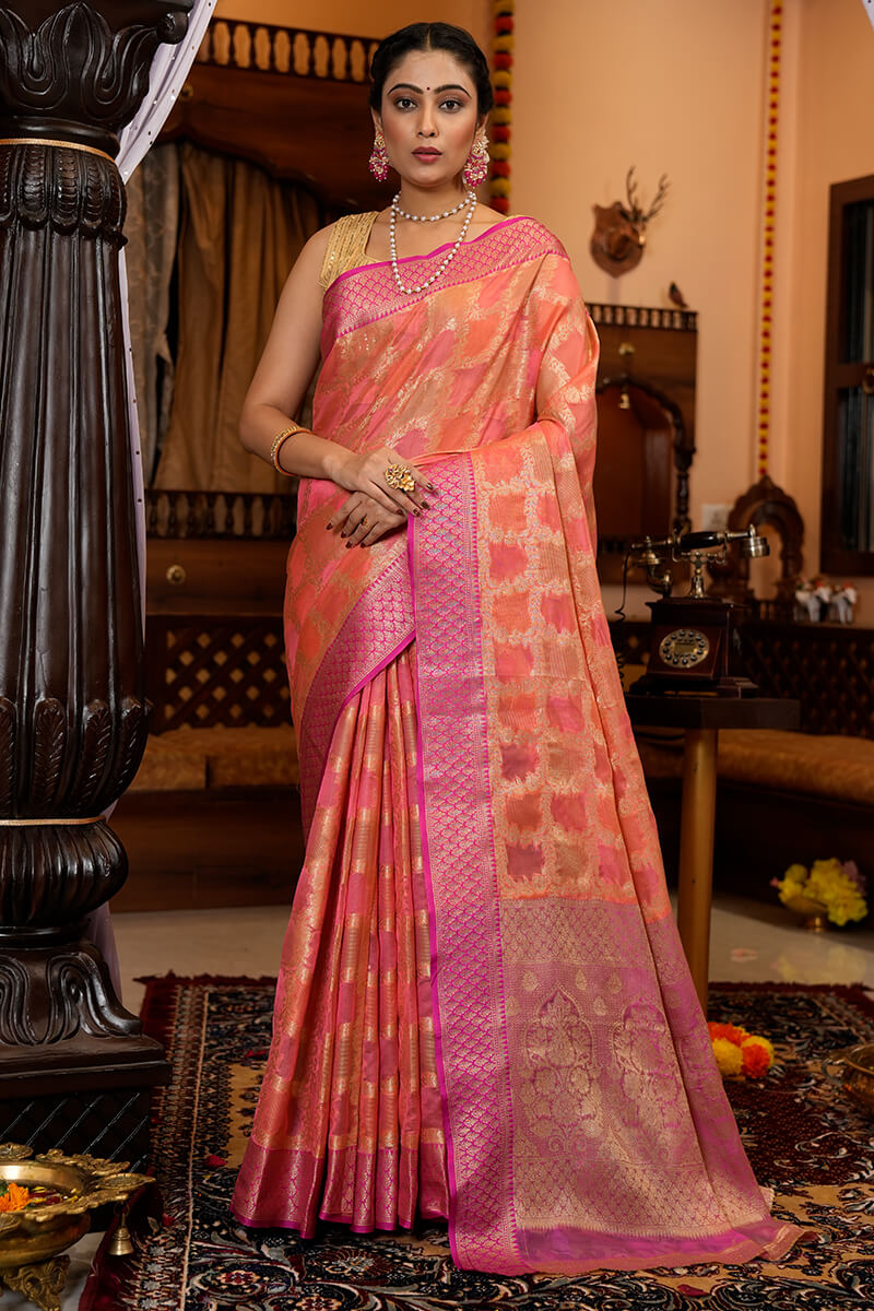 Exceptional Pink Organza Silk Saree With Prominent Blouse Piece