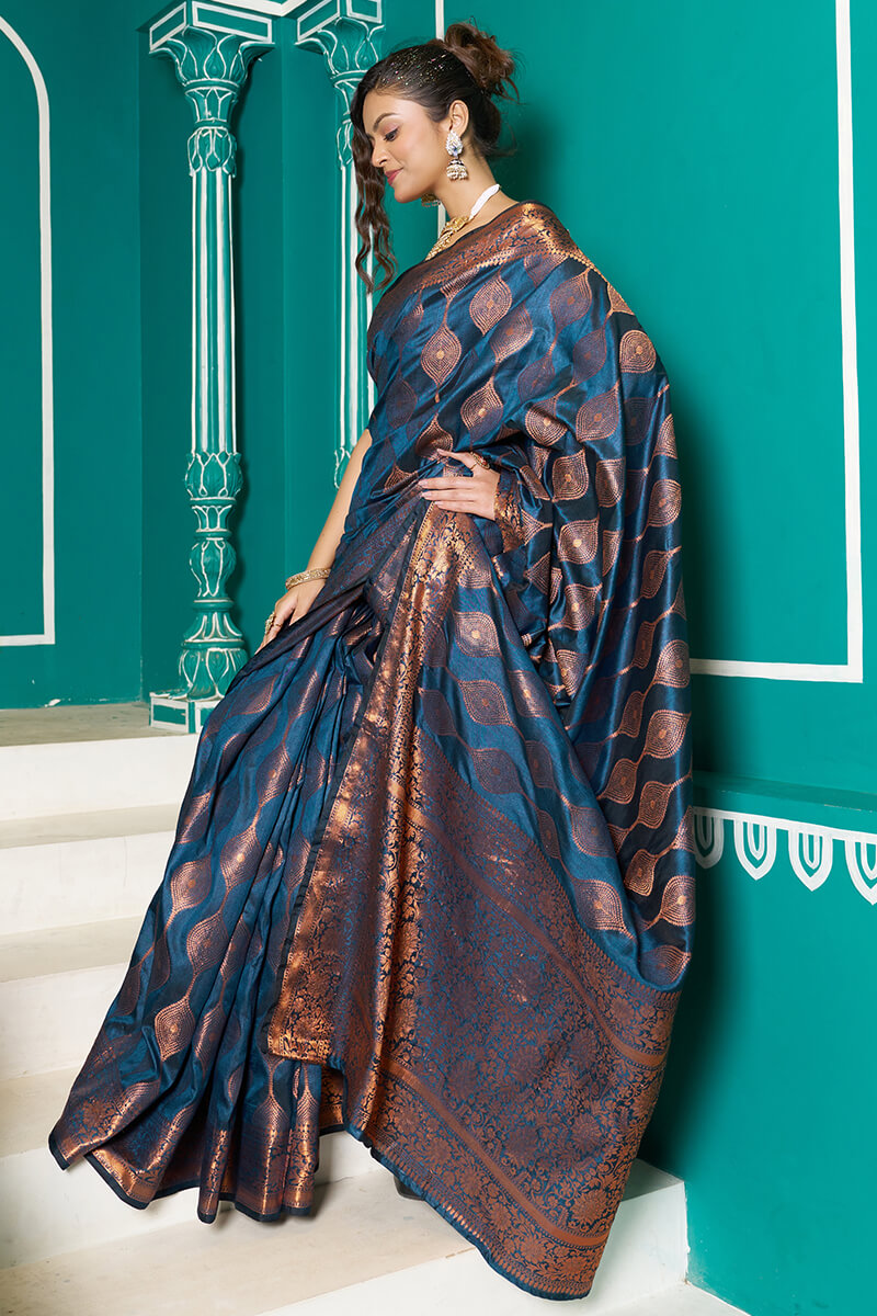Seraglio Navy Blue Soft Banarasi Silk Saree With Exquisite Blouse Piece