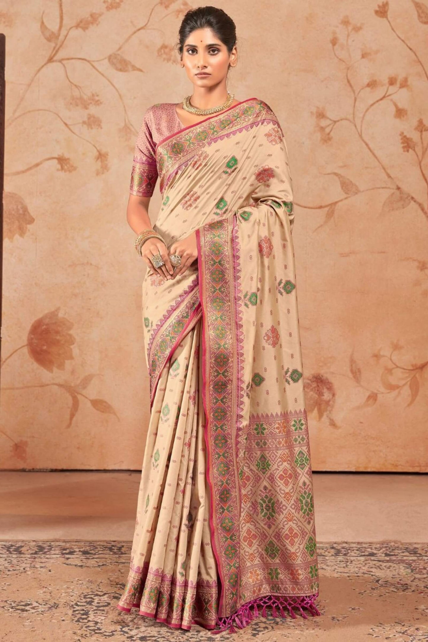 Panache Beige Patola Silk Saree with Fancifull Blouse Piece