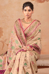 Panache Beige Patola Silk Saree with Fancifull Blouse Piece